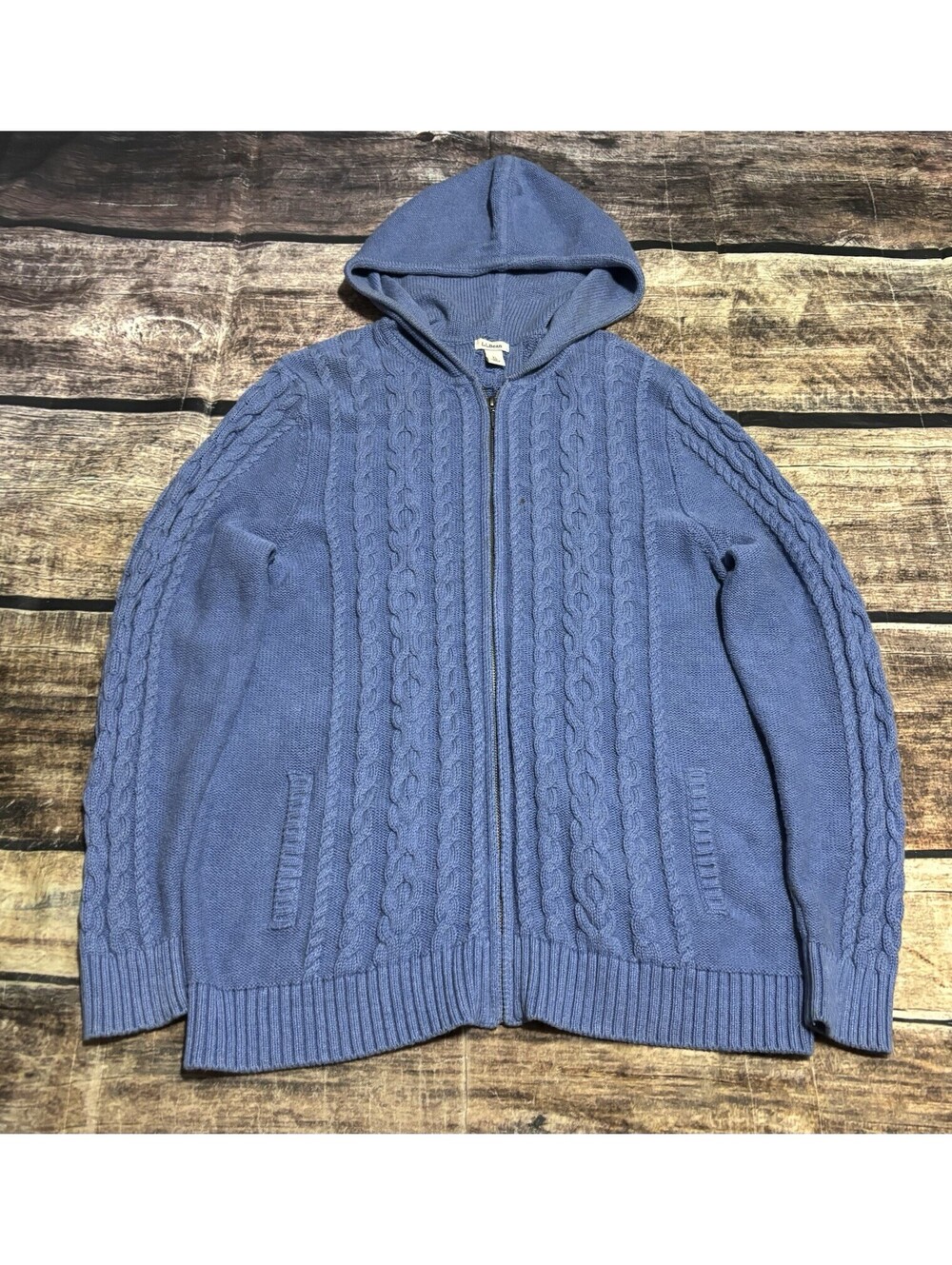 LL Bean Sweater Womens XL Cable Knit Full Zip Cotton Hooded Blue